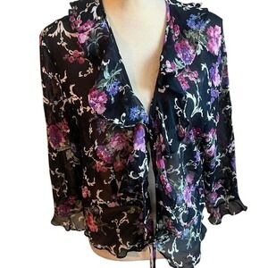 Paradise NY Sheer Floral Sequin Ruffle Tie Front Cardigan Blouse Black 1X